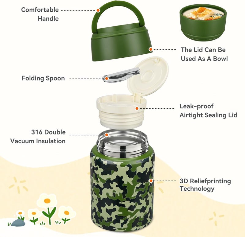 Aimsnk 17oz Soup Thermo for Hot Food Kids Insulated Food Jar,Thermo Hot Food Lunch Container, Width Mouth Stainless Steel Lunch Box for Kids with Handle Folding Spoon(Army Green - Camouflage) - Image 3